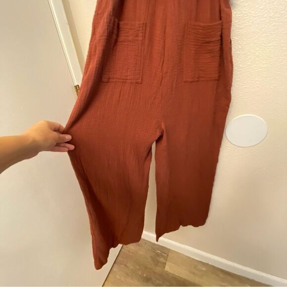 Orange Lagenlook cotton gauze muslin wide leg jumpsuit beltvbutton pocket L - Picture 7 of 13